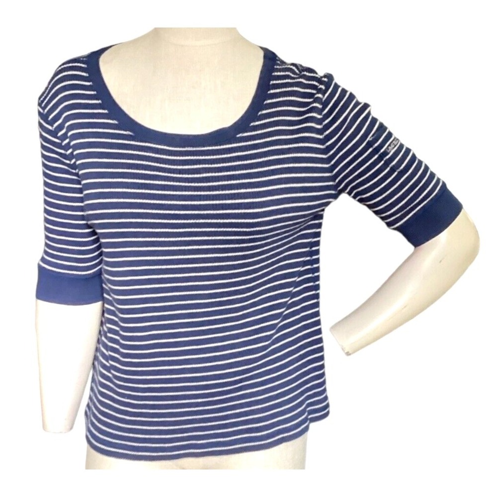 Ralph Lauren Striped Rib Knit Top w/ Sleeve Logo Pocket L Navy Blue 142M